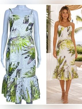Dress the Population Alea Tropical Embroidered Lace Midi Dress Size S Ruffle Hem